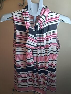 Sleeveless Striped Tie-Neck Top - Pink, Black & White
